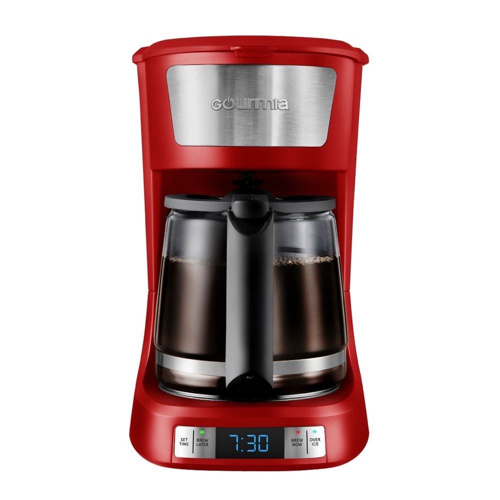GOURMIA Stainless Steel Programmable Hot & Cold Iced Coffee Maker, 12 Cup, Red